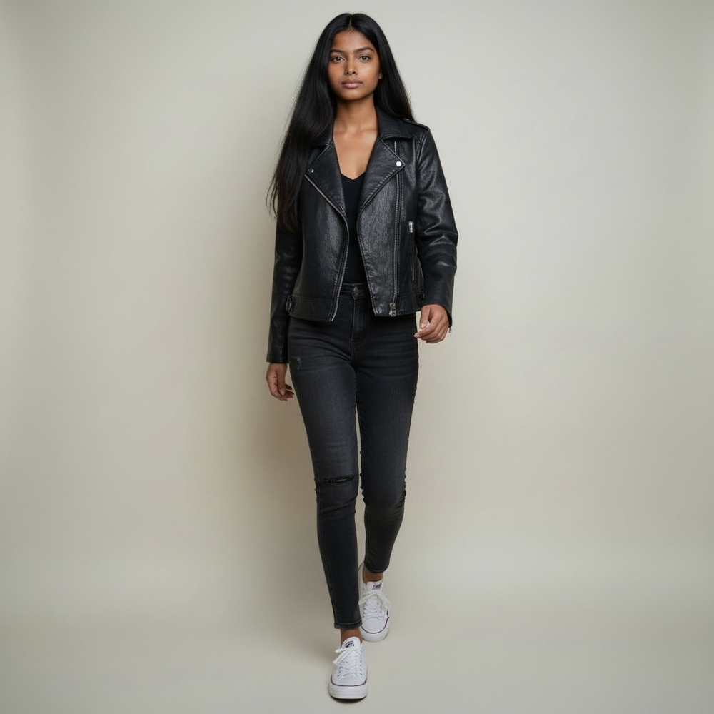 Size 6 Topshop Black Faux Leather classic Moto Jacket pockets Zippers Unisex - Picture 12 of 12